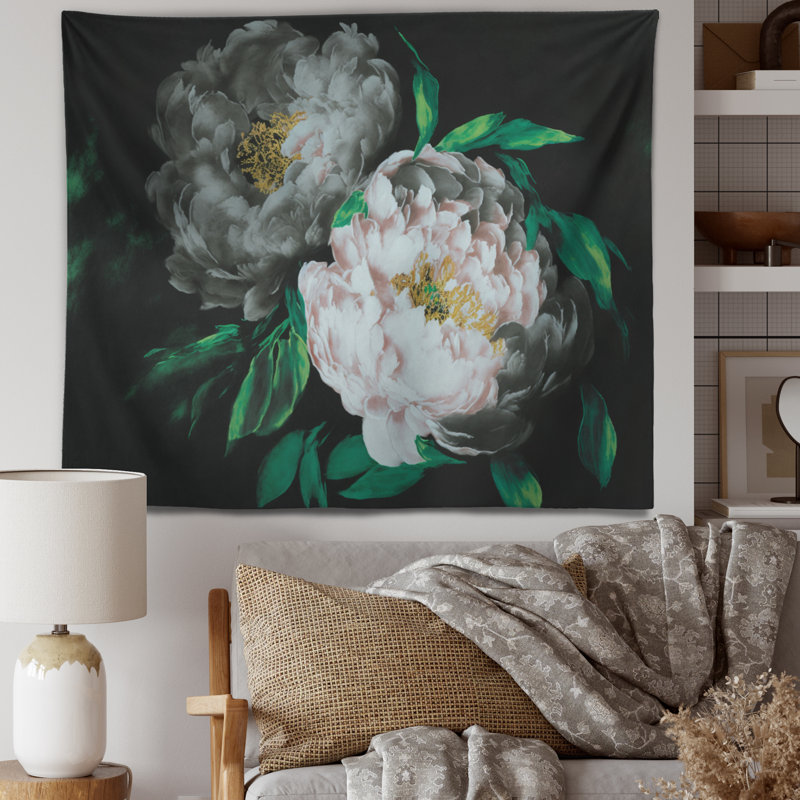 Tapisserie en polyester avec pivoines blanches, H 50 po x l 60 po