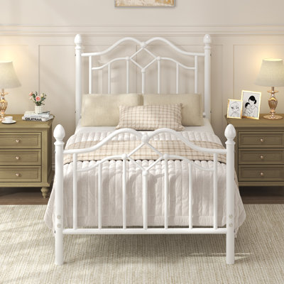 Twin Metal Platform Bed with Candle-Style Headboard and Footboard, Under-Bed Storage, Easy Assembly, White