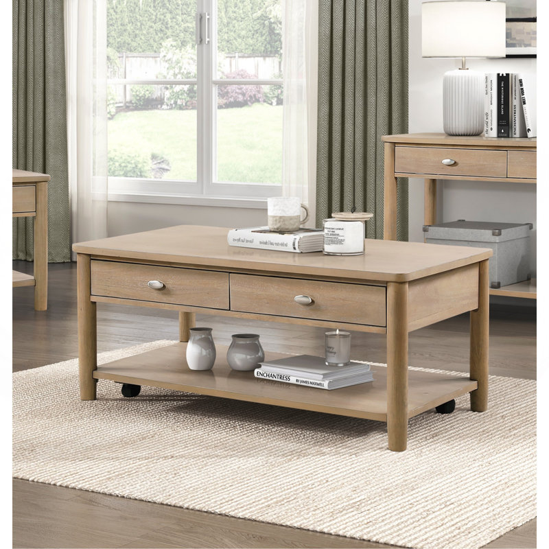 Table de centre de salon classique en bois naturel avec deux tiroirs et une tablette ouverte