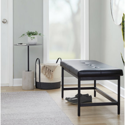 Black Bench With Contemporary Styling, Metal Frame, Faux Leather Upholstery, Thick Padded Seat, Seats Two, 500 Lbs Weight Limit, Indoor Only Bench, Capacity, Use, Assembly Required
