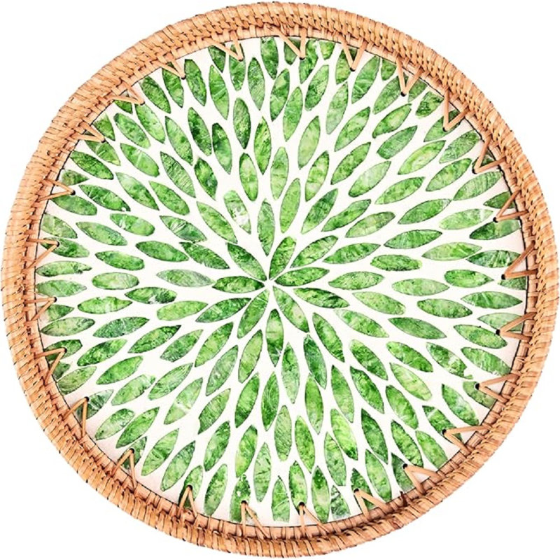 Round Rattan Tray With Mother Of Pearl Inlay Rattan Coffee Table Tray Round Rattan Ottoman Tray For Home And Kitchen Decorative Woven Serving Trays Boho Coffee Table Tray For Décor Leaves