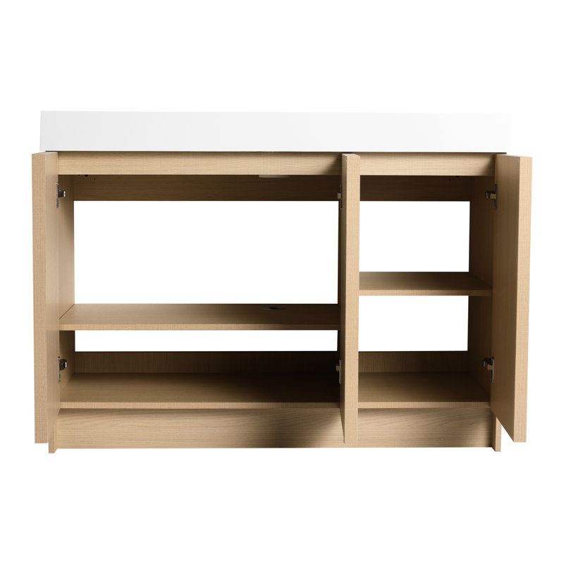 Armoire de salle de bain autoportante 48 po avec lavabo et portes en résine. Meuble-lavabo moderne en contreplaqué. Rangement spacieux. Conception ergonomique. Tablettes réglables à l'intérieur de la porte à fermeture en douceur du meuble-lavabo. Conception pour la salle de bain.