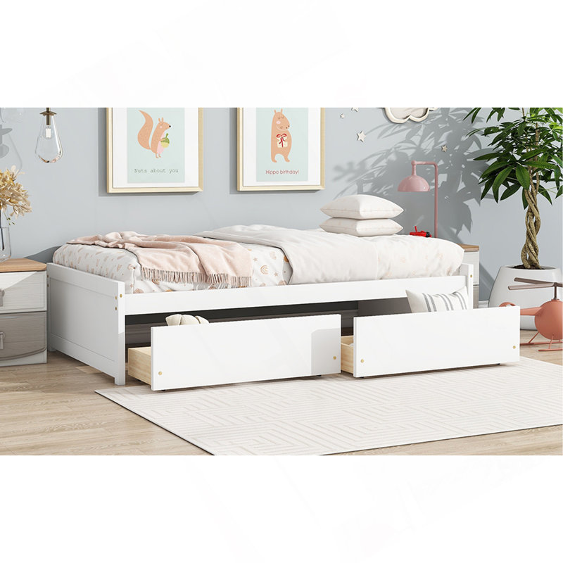 Lit simple avec 2 tiroirs, lit en bois d'hévéa massif, Blanc