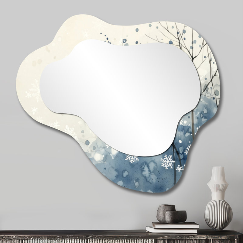 Miroir mural rustique en métal en forme de nuage - flocons de neige tombant en hiver II, impression sur métal, 25 po x 28 po