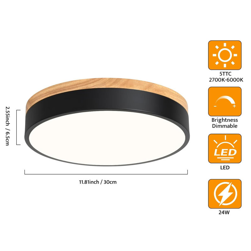 Modern Black and Wood LED Flush Mount Ceiling Light