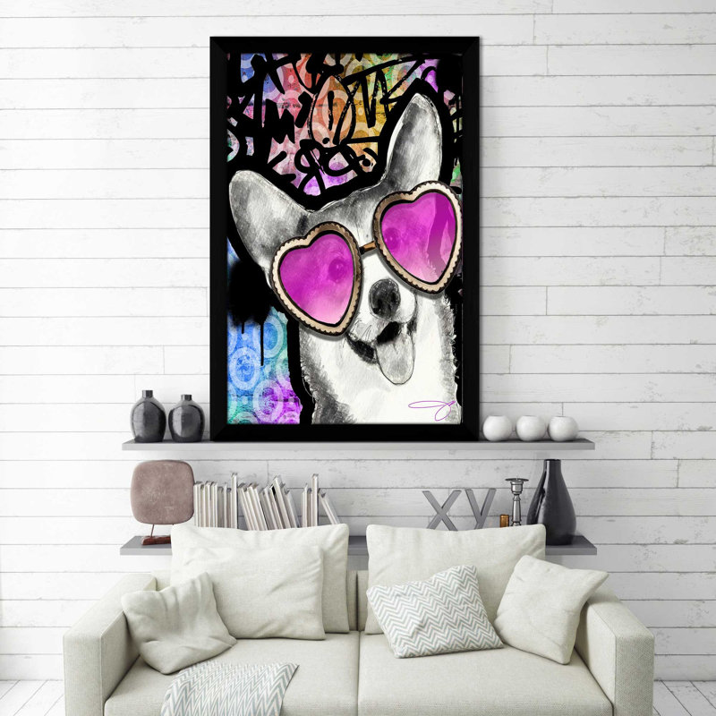 Corgi (vertical) - Impression sur bois, Cadre noir, H 39,5 po x l 27,5 po x P 0,75 po