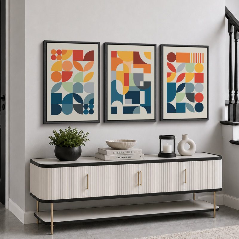 Abstrait, couleurs vives et abstraites «Œuvre abstraite et audacieuse bleu orange contemporain, images bohème de style Mid-Century moderne, impression numérique sur toile 3 pièces  