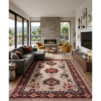 Tapis d'intérieur rectangulaire oriental en soie et laine crème et rouge, noué à la main, fait main