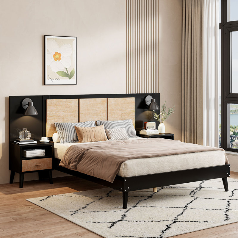 Lit moderne avec 2 tables de chevet, lampes et cadre en bois Breccan