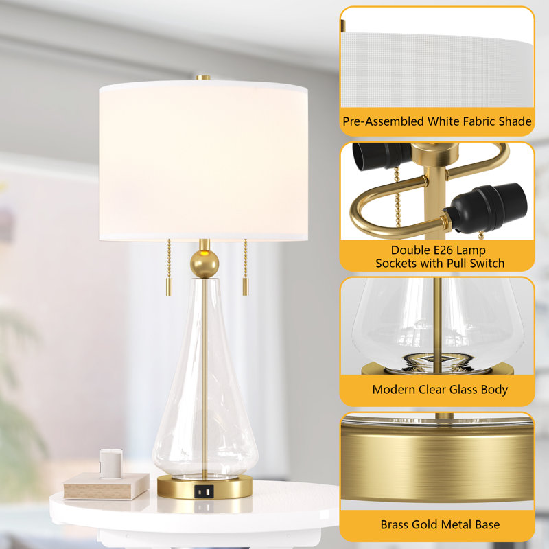 Aadyn 28" Modern Glam Glass Table Lamp USB Charging Pull Chain Soft Lighting for Bedroom Living Room, Gold