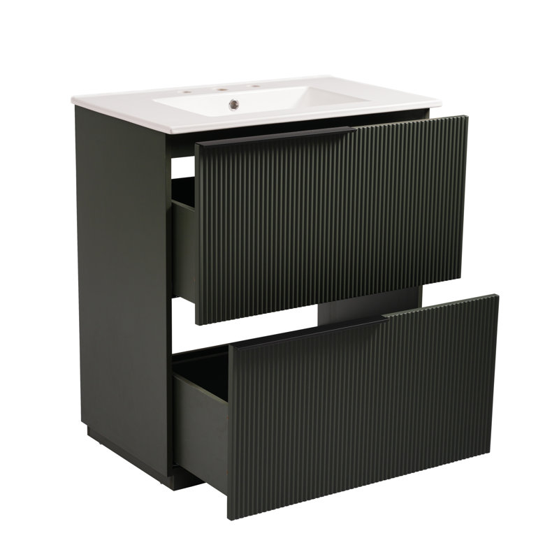  Meuble-lavabo de 30 po avec lavabo en céramique, unités de rangement à fermeture en douceur à extension complète et conception cannelée, vert