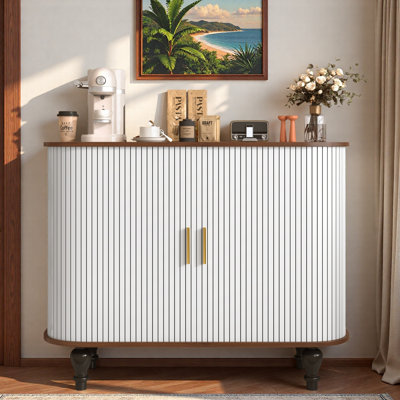 Armoire à boissons cannelée pour boissons alcoolisées et café avec 6 porte-bouteilles, 3 porte-verres, 1 grand tiroir de rangement et 4 compartiments de rangement latéraux cachés