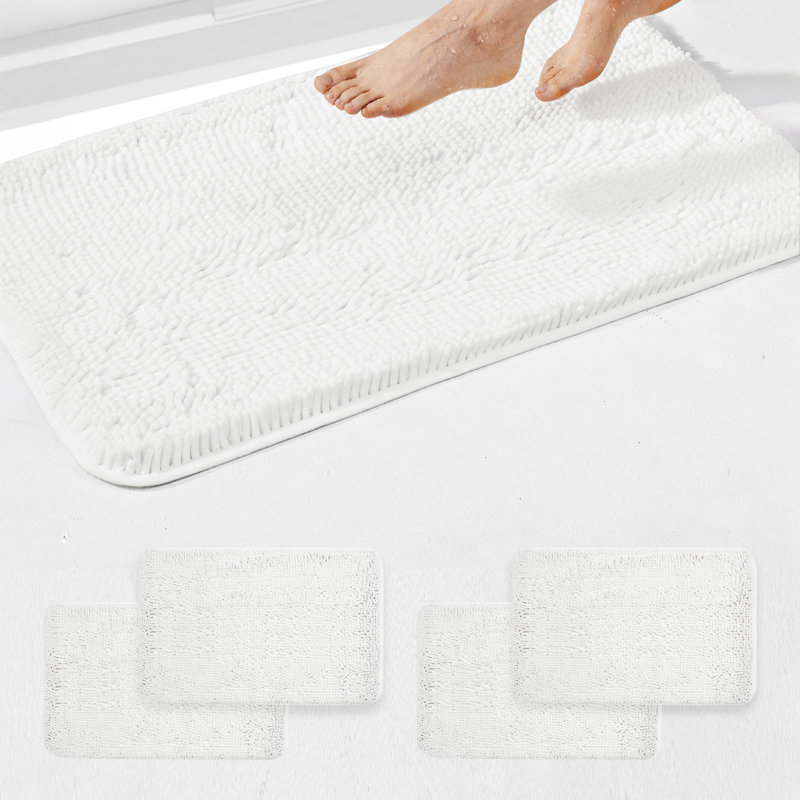 Chenille Bath Mat - Luxurious Soft Microfiber Absorbent Bathroom Rug, Non-Slip, Quick Dry (Set of 4), White, 44" L x 24" W
