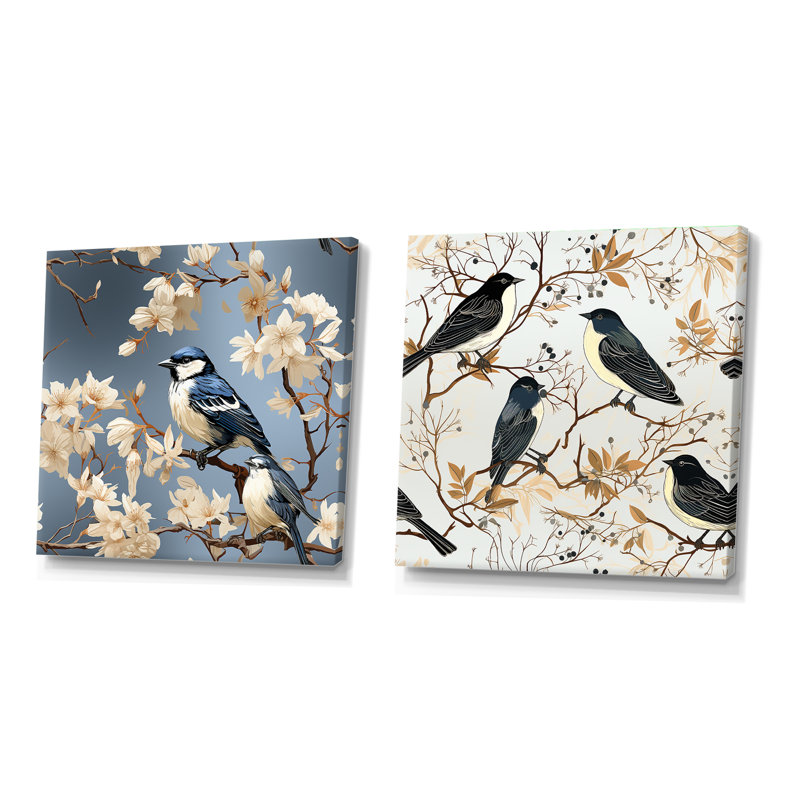 Symphonie d'oiseaux, ensemble de 2 collages carrés d'oiseaux, Toile tendue, H 30 po x l 61 po