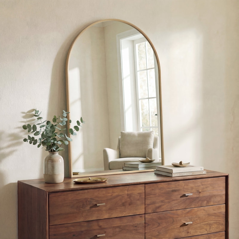 Elodie 20 in. W x 30 in. H Small Arched Aluminum Metal Framed Wall Mounted Bathroom Vanity Accent Mirror, Gold, Gold