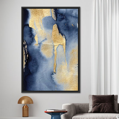 Modern Abstract Canvas Art in Blue and Gold - Trendy Shimmery Contemporary Artwork