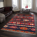 Tapis bleu / rouge / orange en coton noué à la main Anatolian