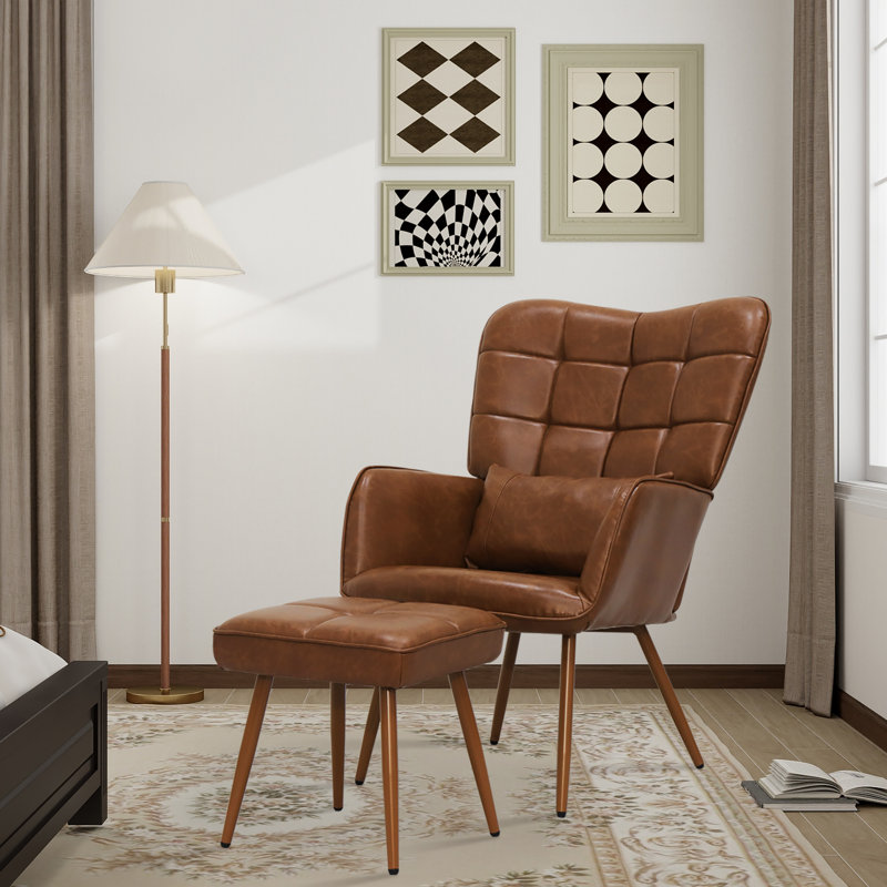 Torianne Faux Leather Wingback Chair with Ottoman, Brown Faux Leather
