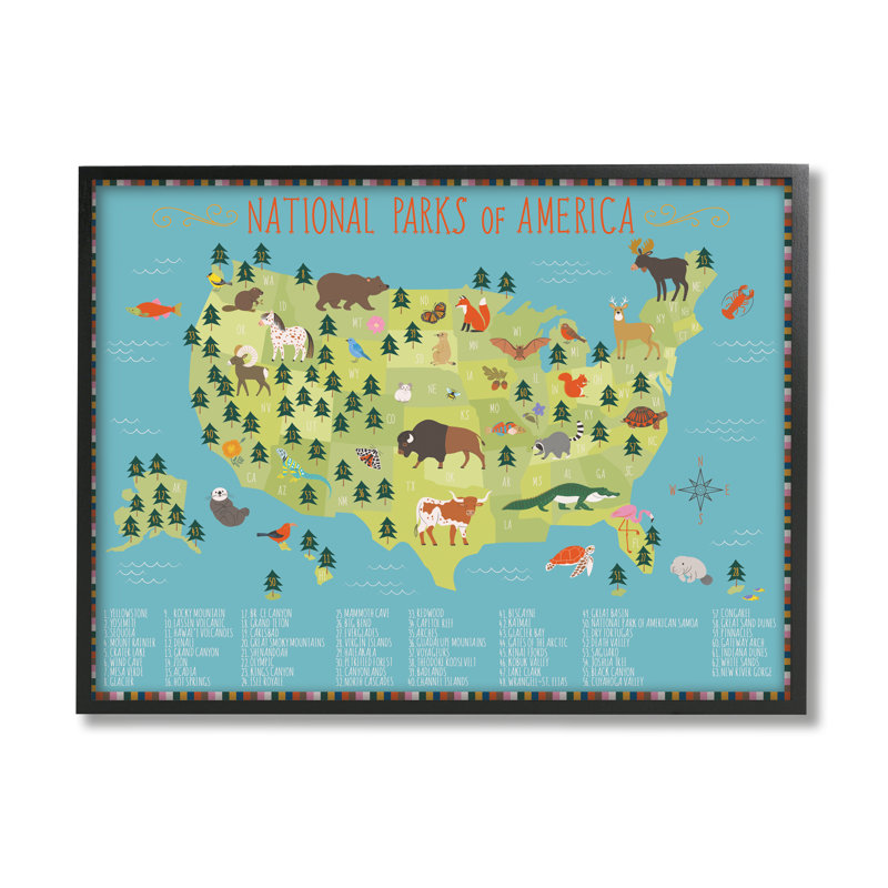 Art de la faune, carte des parcs nationaux d'Amérique, H 11 po x l 14 po x P 1,5 po, Giclée encadrée noir minuit