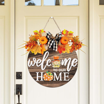 Panneau de bienvenue interchangeable avec couronnes saisonnières et icônes de fêtes, décoration de porte d'entrée de style rustique de ferme
