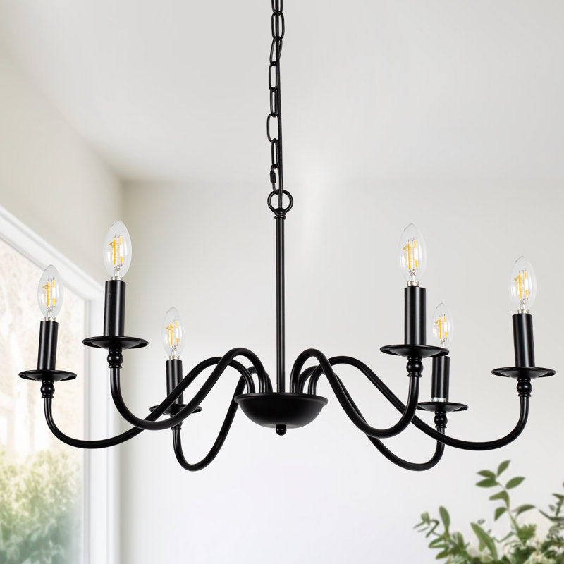 Lustre de style campagnard noir mat à 6 lumières à intensité variable Emilyn, H 12 po x l 37 po x P 37 po