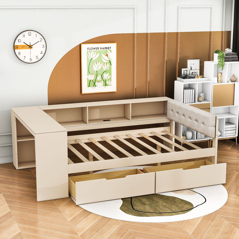 Lit de jour Peeples avec tablettes et tiroirs de rangement intégrés et ports USB, Crème, crème, Double