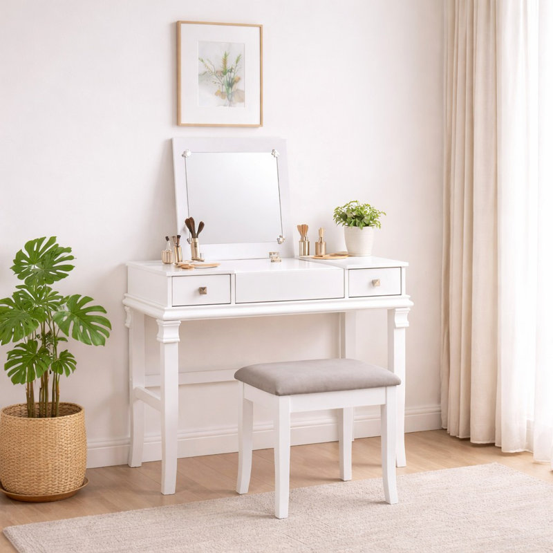 Ensemble de coiffeuse avec tabouret et miroir Godines, Blanc