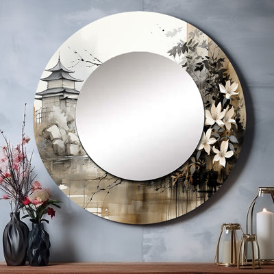 Asian Art Sumi Bird Serenity I - Asian Round Mirror Wall Decor