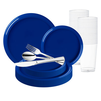 Solid Blue Flat Round Disposable Plastic Wedding Value Set - 60 Settings