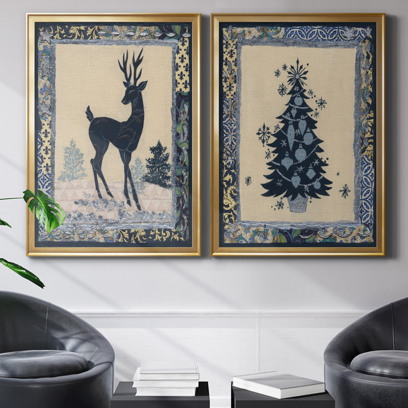 " Deer Silhouette " 2 - Pieces, Gold Framed Canvas, No Mat, 24" H x 18" W x 1" D