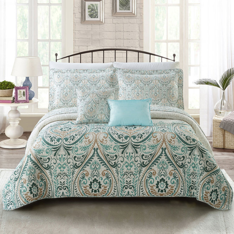 Visionary Damask Quilted Geometric Shapes Coverlet, King Coverlet + 2 Shams + 2 Throw Pillows