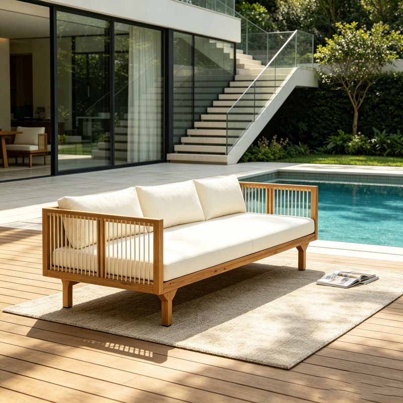 Outdoor Patio Sofa with Cushion, Teak+ Beige