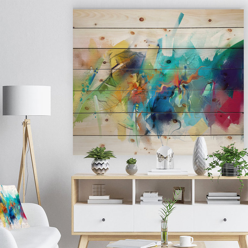 Abstrait contemporain, coup de pinceau coloré, impression sur toile, H 30 po x l 40 po x P 1,5 po, Bois