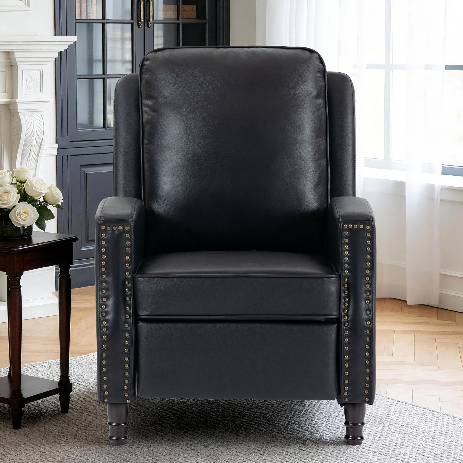 29" Genuine Leather Manual Recliner, Black