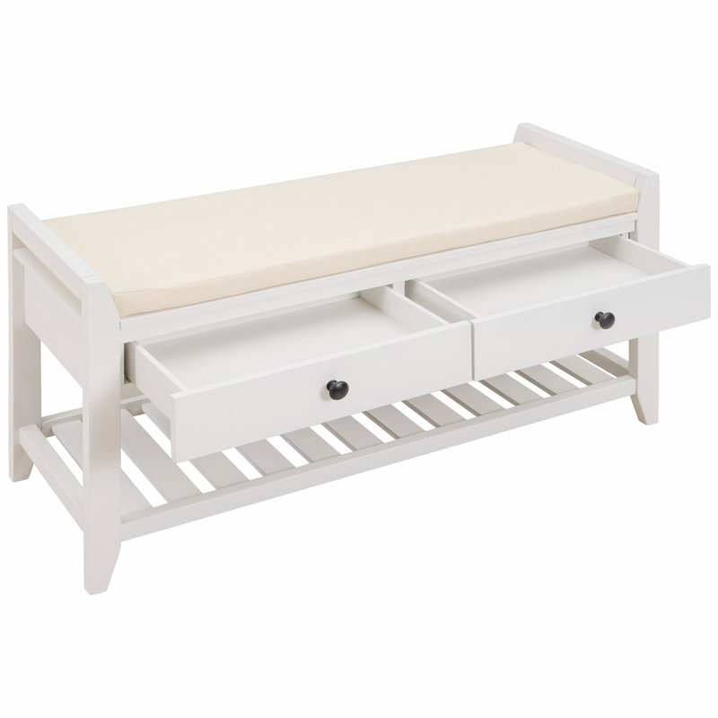 HOOSENG Entryway Storage Bench with Shoe Rack, Cushioned Seat and Drawers, White, White