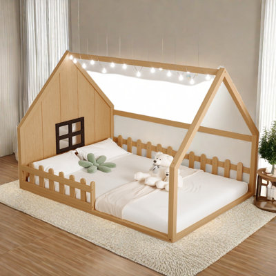 Anyri Wood House Bed With Window, Fence And Led Design