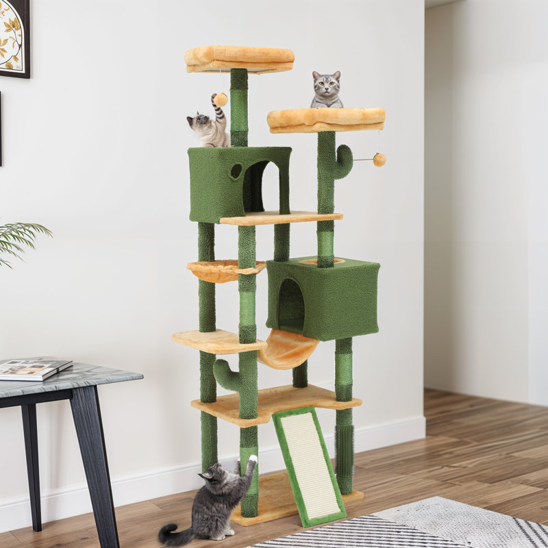 Tour pour arbre à chat Cactus, mobilier pour chat Cactus à plusieurs niveaux avec 2 lits plateforme et 2 maisons pour chat, grand arbre à chat mignon avec lit à structure en métal et 1 hamac