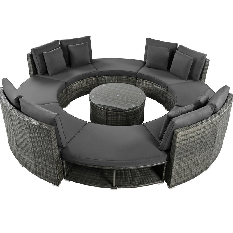 Outdoor Patio Furniture Luxury Circular Outdoor Sofa Set Rattan Sectional Sofa Lounge Set With Tempered Glass Coffee Table