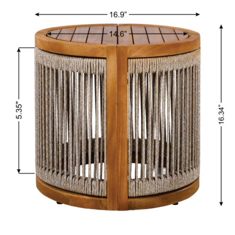 Table d'appoint d'extérieur 16,9 po, bois d'acacia et corde tissée à la main, style bohème, toutes saisons