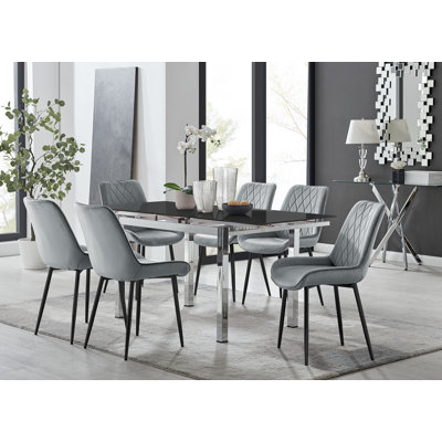 Tierra Modern Glass & Metal Extendable Dining Table Set & 6 Luxury Upholstered Velvet Dining Chairs