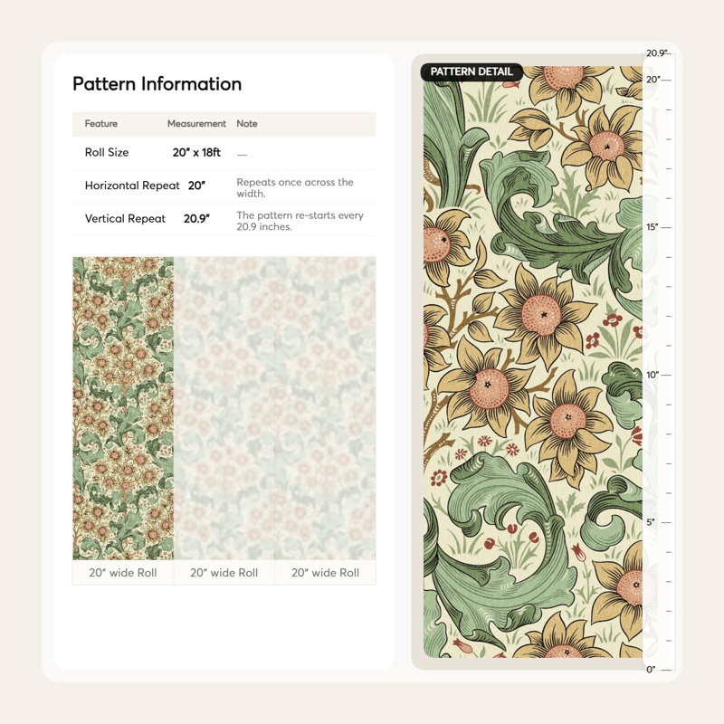 Papier peint vintage vigne tournesol vert sauge et moutarde, Peel and Stick