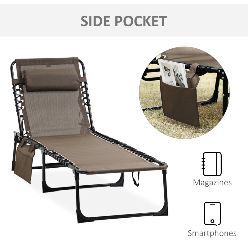 Beach Reclining Lounge Chair, Portable Folding Camping Cot. Adjustable , Removable Pillow, Brown For Patio, Garden Sun Lounger Chair With And Side Pocket Garden, - Chaise Lounge,