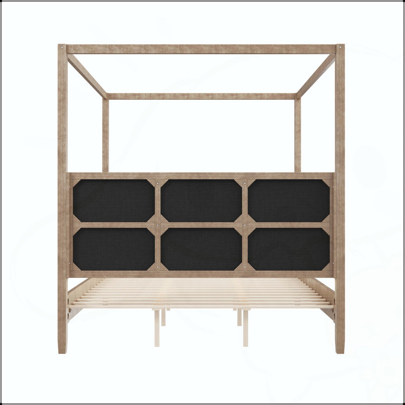 Lit plateforme à baldaquin en bois avec tête de lit tapissier, Noyer naturel, Très grand lit