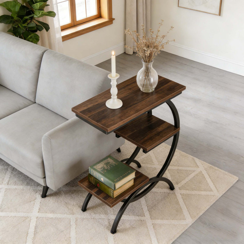 Table d'appoint industrielle à 3 niveaux en forme de C pour les petits espaces, Marron foncé