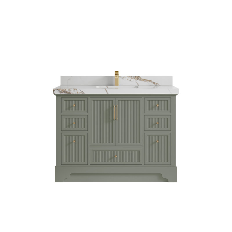 Meuble-lavabo simple autoportant 48 po avec plateau en quartz Alys, Or Calacatta