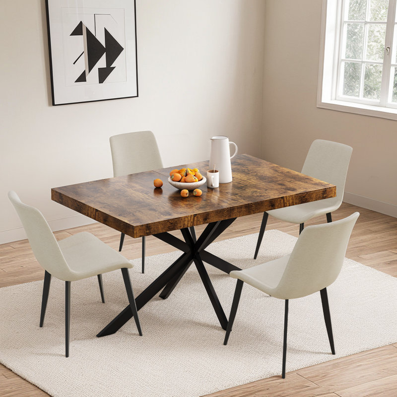 5 Piece Dining Room Set With 55-71 Inch Expandable Rectangle Dining Table And 4Pcs PU Dining Chairs, Beige