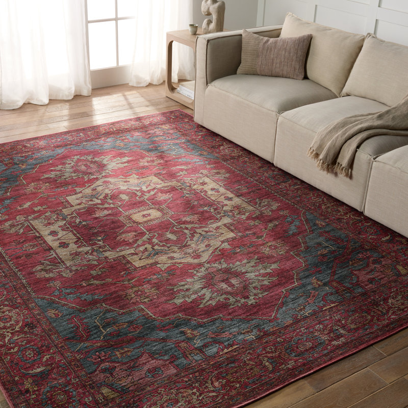 Beesley Machine Washable Red/Blue Rug, Rectangle 7'10" x 10'