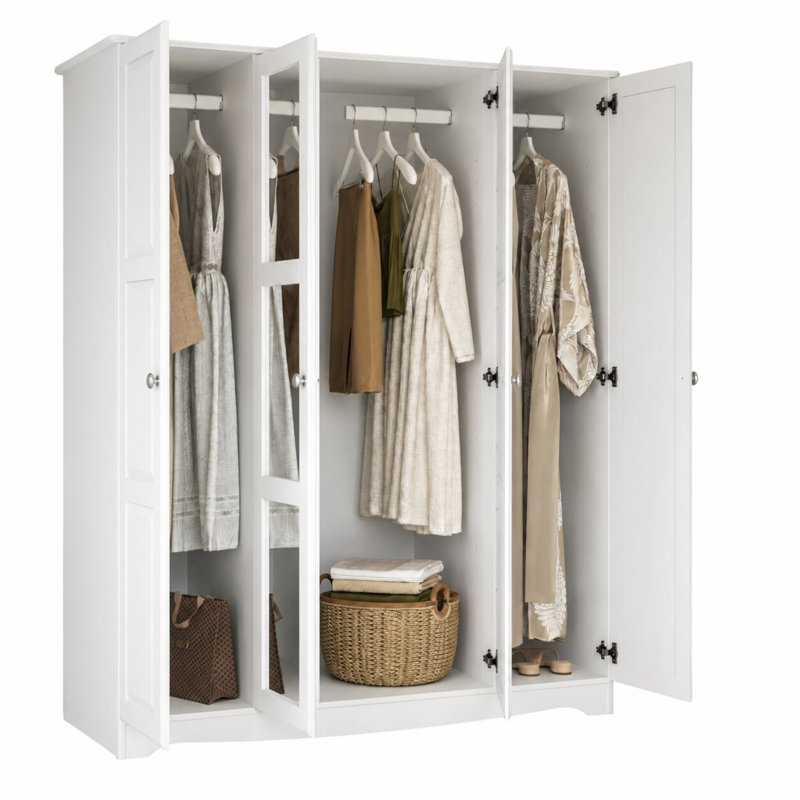 Garde-robe 100% en bois massif avec portes en miroir et poignées en métal, White