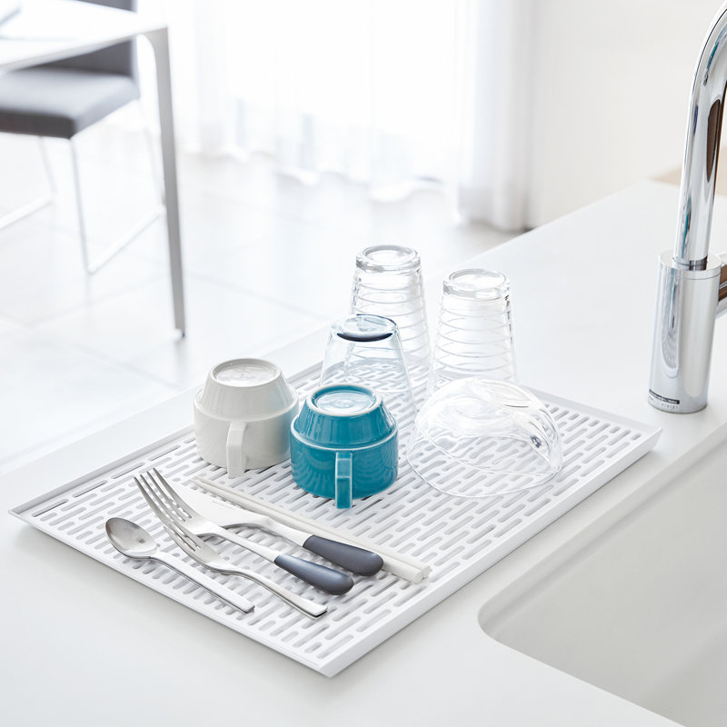Yamazaki Home Sink-Side Draining Mat - Kitchen Dish Rack Tray Drainer, Plastic, White