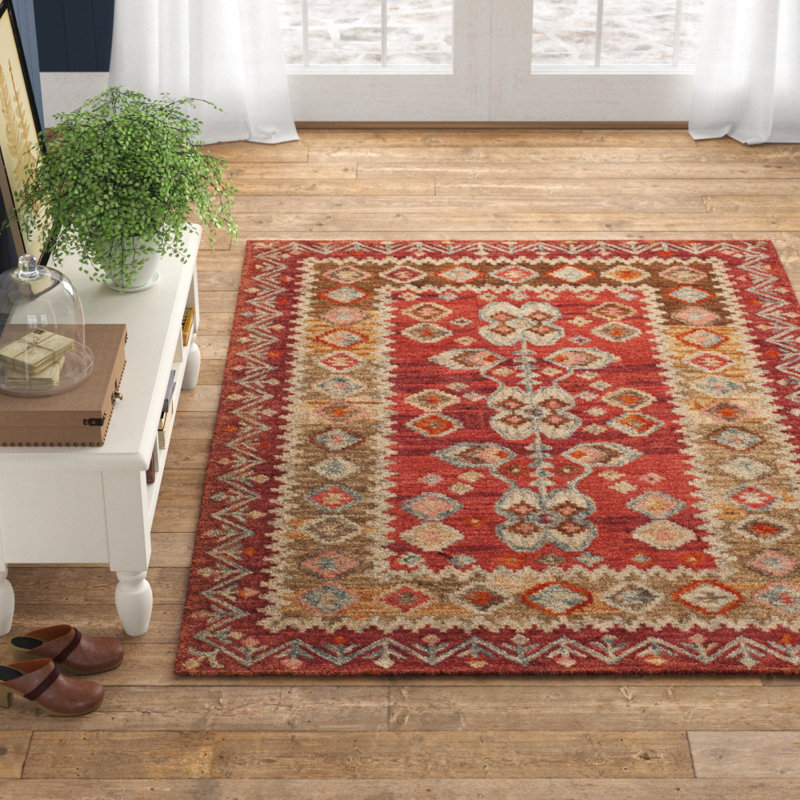 Hand-Tufted Red and Beige Wool Rectangular Rug 2' x 3'